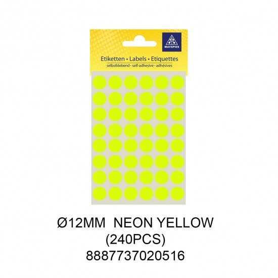 MAYSPIES MS012 COLOUR DOT LABEL / 5 SHEETS/PKT / 240PCS / ROUND 12MM NEON YELLOW